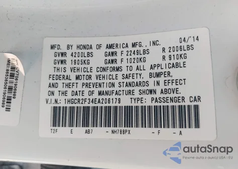 2014 Honda Accord Lx z USA, uszkodzony, nr VIN 1HGCR2F34EA206179